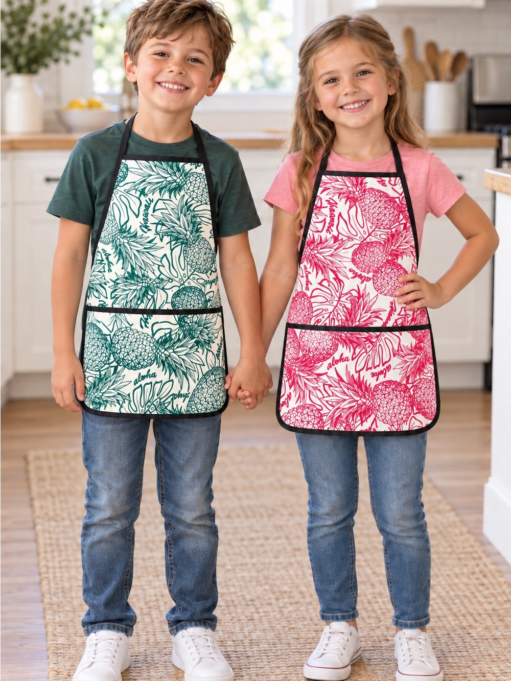 Set of 2 - Kid’s Pineapple Print Apron - Pink and Green - made in Hawaii